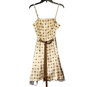Satin Polka Dot Slip Dress Women's Small Brown‎ 50s Spaghetti Strap Fit Flare 9